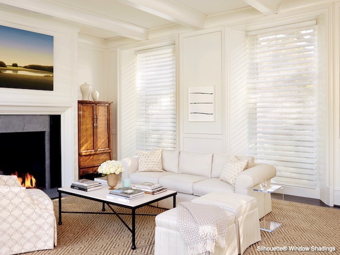 A living room with silky window shades and rougher carpet.